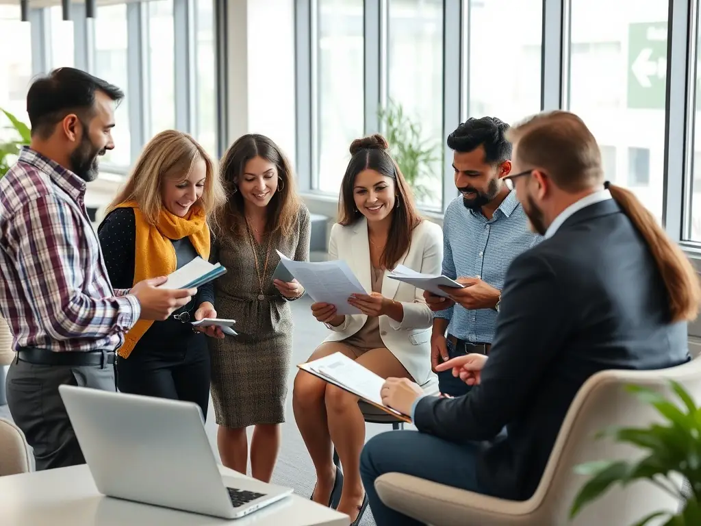 A diverse group of business owners are collaborating and discussing financial strategies in a modern co-working space, highlighting the suitability of the service for various business types.