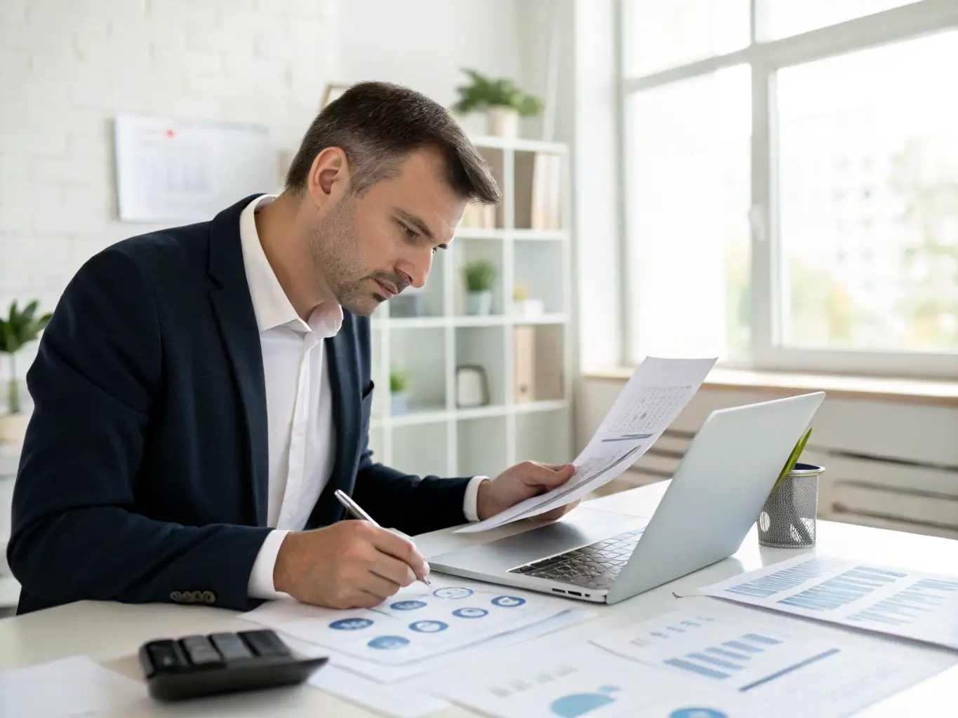 A professional accountant is reviewing financial documents and preparing a project report in a well-lit office setting, emphasizing attention to detail and accuracy.
