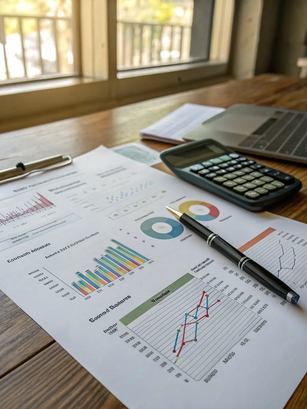 A professional image depicting a detailed project report with financial charts and graphs, emphasizing accuracy and strategic planning for a client in the manufacturing sector.