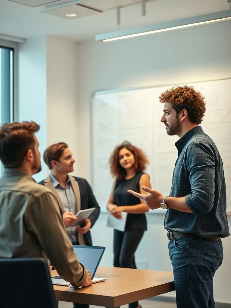 An image illustrating financial consulting, showing a consultant advising a startup team, emphasizing tailored solutions and strategic financial guidance for a service-based company.