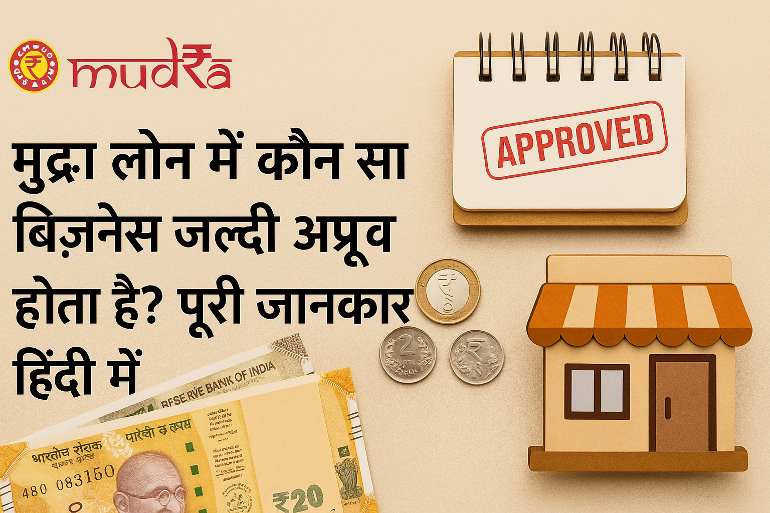 मुद्रा लोन में कौन सा बिज़नेस जल्दी अप्रूव होता है? विषय पर आधारित एक प्रोफेशनल डिज़ाइन जिसमें भारतीय मुद्रा, 'APPROVED' स्टैम्प वाला नोटपैड, सिक्के और एक छोटा दुकान का आइकन दिखाया गया है।