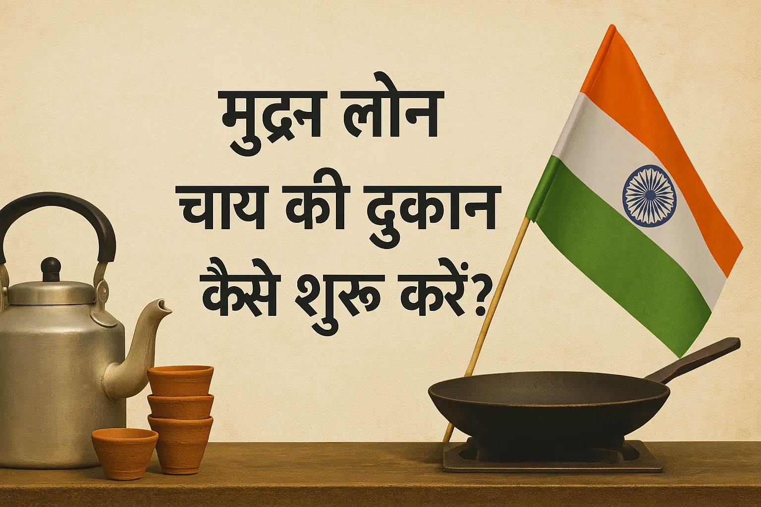 मुद्रा लोन से चाय की दुकान कैसे शुरू करें – एक पारंपरिक भारतीय चाय स्टॉल की तस्वीर जिसमें कुल्हड़, केतली, तवा और भारतीय झंडा दिखाई दे रहा है, साथ में केंद्रित हिंदी टेक्स्ट।