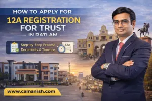 CA Manish Gugliya explaining 12A registration process for charitable trust in Ratlam with Mahalwada Gate and Ratlam city background