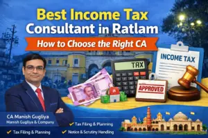 CA Manish Gugliya – Best Income Tax Consultant in Ratlam with Mahalwada Gate background offering tax filing, audit, and scrutiny handling services.