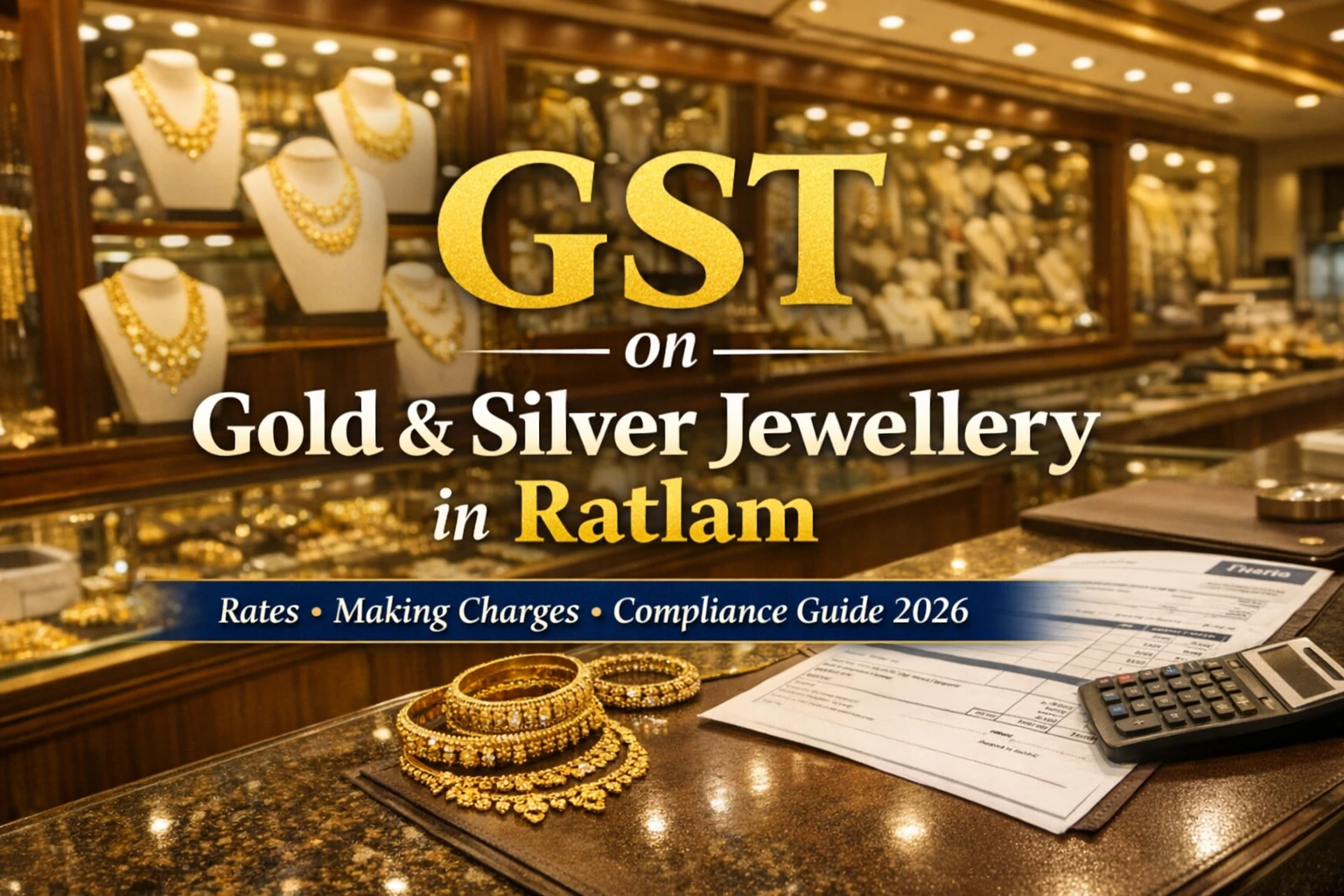 Gold jewellery showroom in Ratlam with GST billing concept – GST on Gold & Silver Jewellery in Ratlam Rates, Making Charges and Compliance Guide 2026