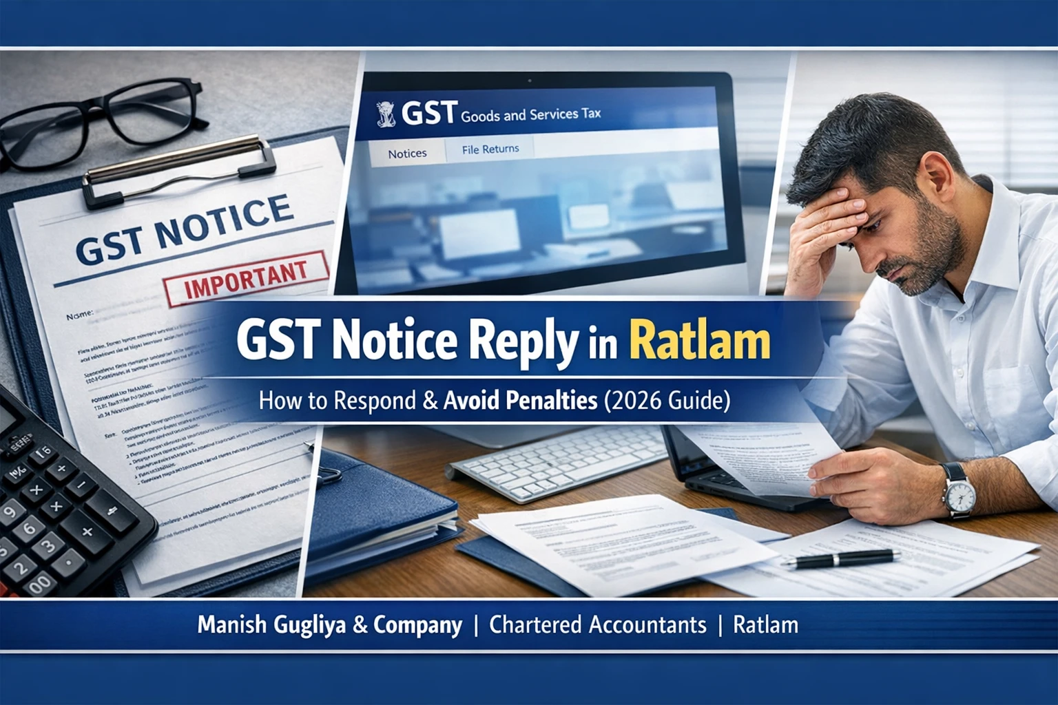 GST Notice Reply in Ratlam guide by Manish Gugliya & Company Chartered Accountants showing GST notice document, GST portal on computer screen, and business owner reviewing tax papers