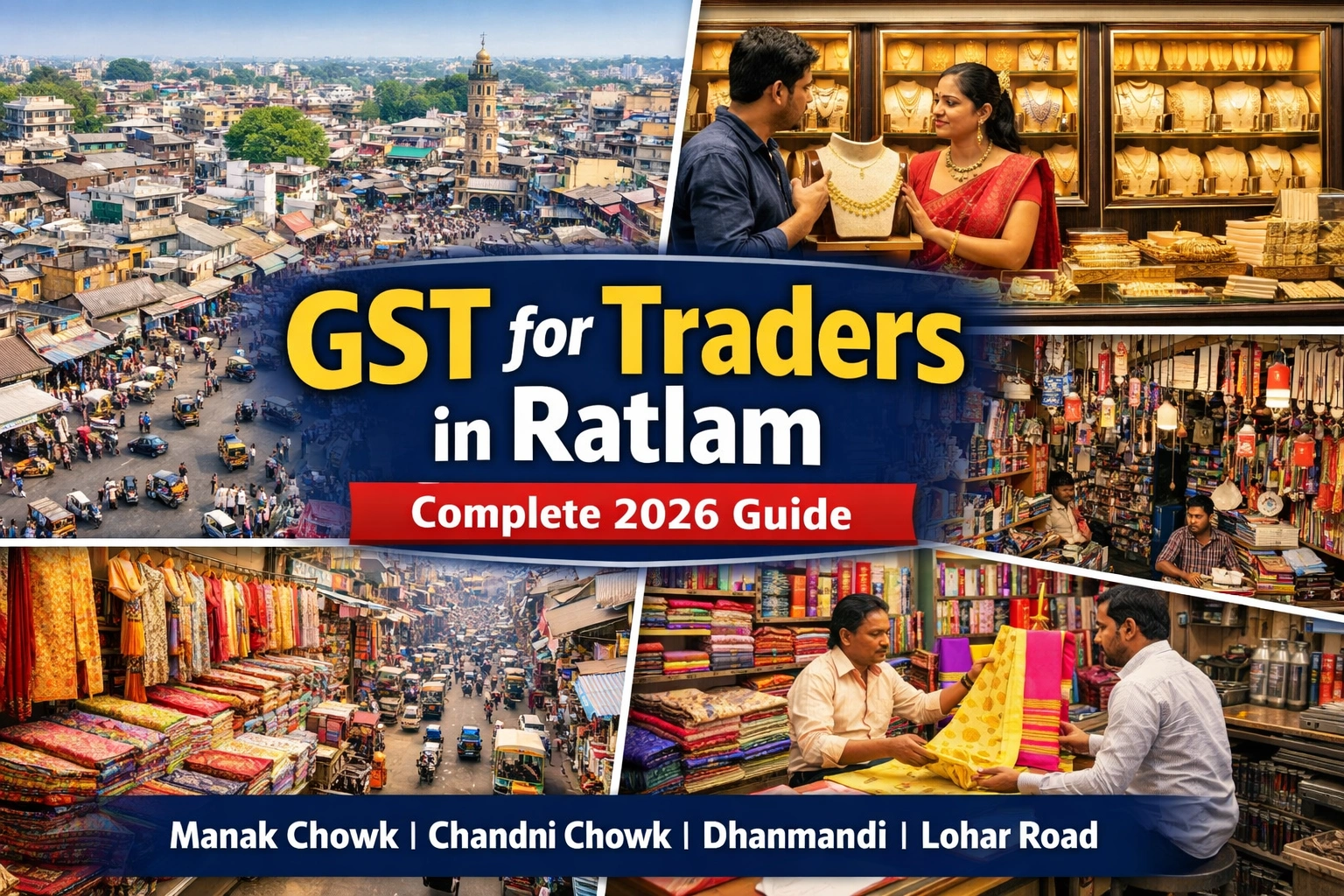 GST for Traders in Ratlam Complete 2026 Guide banner showing Manak Chowk market, Chandni Chowk jewellers, textile shops, hardware stores and major trading areas of Ratlam Madhya Pradesh