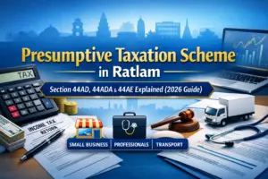 Presumptive Taxation Scheme in Ratlam banner showing Section 44AD, 44ADA and 44AE explained (2026 Guide) with calculator, income tax return papers, transport truck, doctor kit and business icons in blue and gold theme.