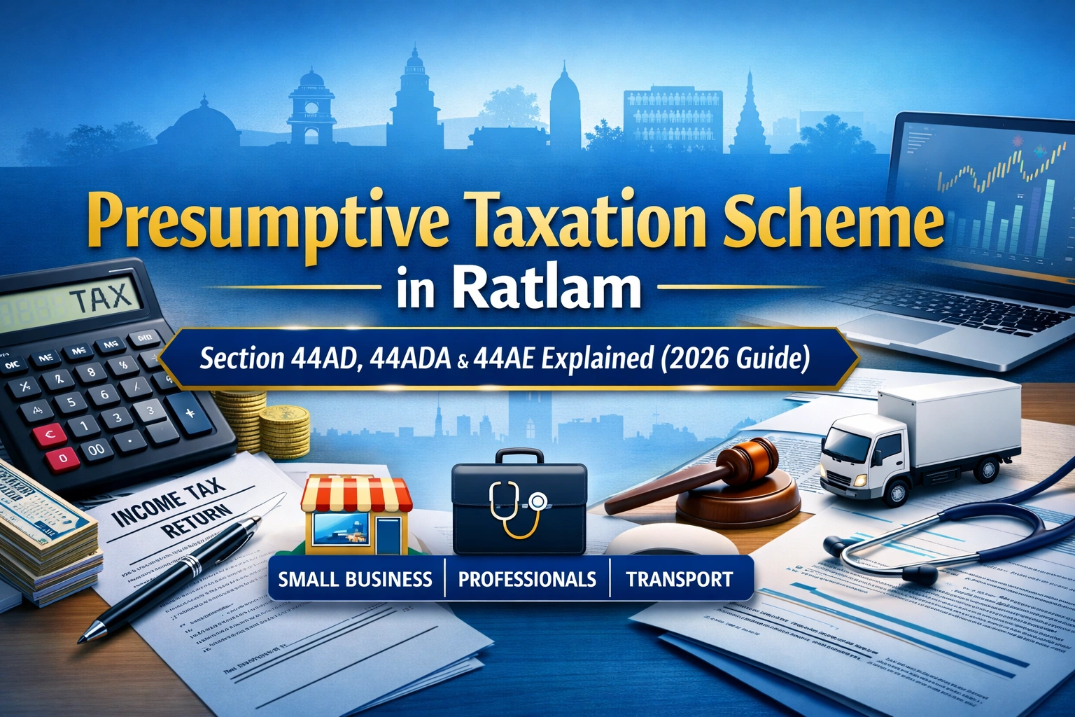 Presumptive Taxation Scheme in Ratlam banner showing Section 44AD, 44ADA and 44AE explained (2026 Guide) with calculator, income tax return papers, transport truck, doctor kit and business icons in blue and gold theme.