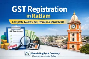 GST Registration in Ratlam guide banner showing GST documents, checklist and Ratlam city landmark with Manish Gugliya & Company Chartered Accountants branding