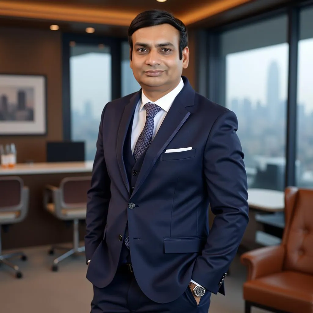 CA Manish Gugliya in formal business suit at modern office, Chartered Accountant and founder of Manish Gugliya & Company, Ratlam Madhya Pradesh