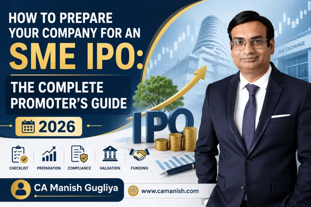 How to Prepare Your Company for an SME IPO – Complete Promoter's Guide 2026 featured image with CA Manish Gugliya explaining SME IPO preparation, business growth, compliance, and funding for Indian companies.