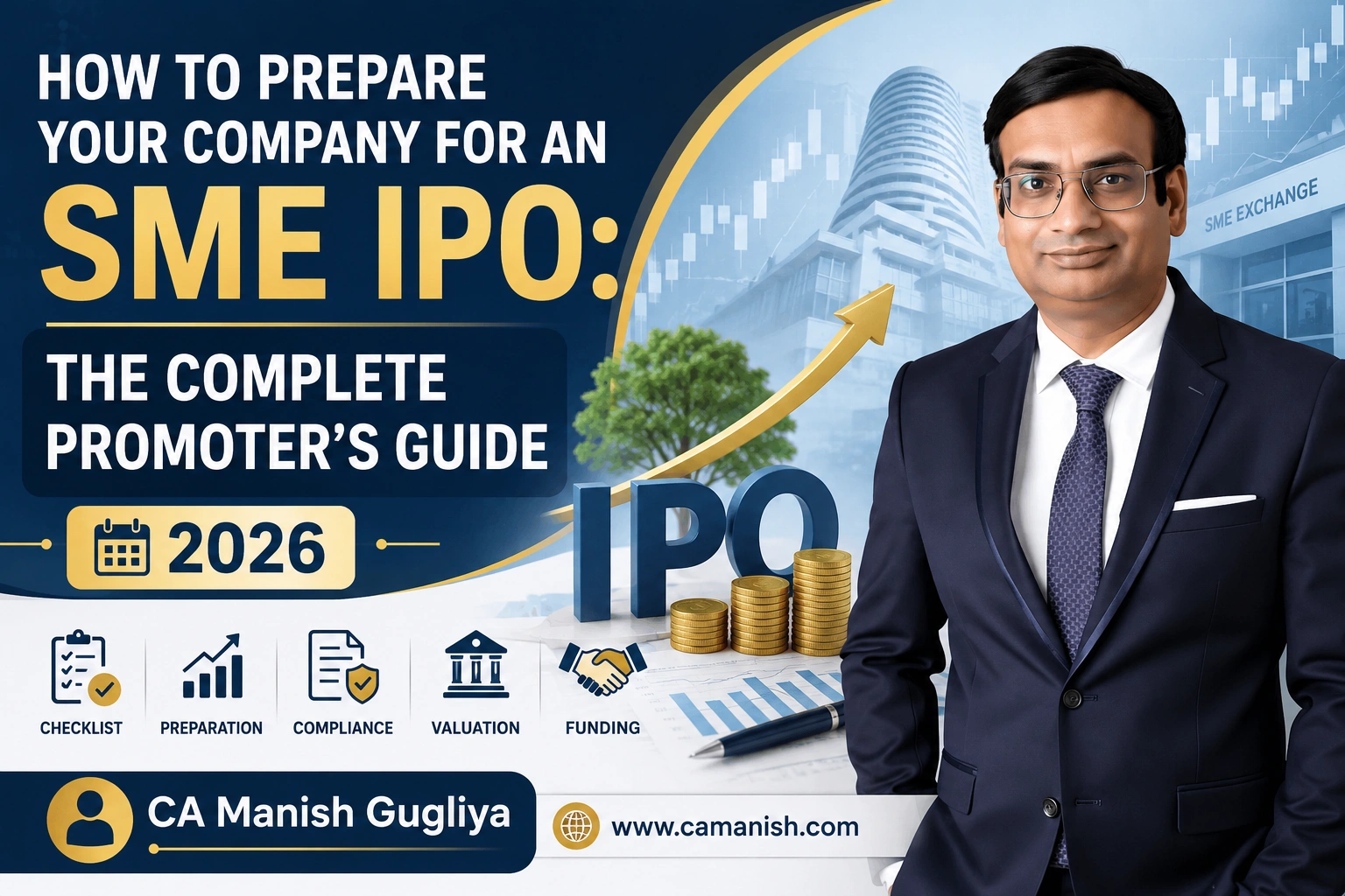How to Prepare Your Company for an SME IPO – Complete Promoter's Guide 2026 featured image with CA Manish Gugliya explaining SME IPO preparation, business growth, compliance, and funding for Indian companies.